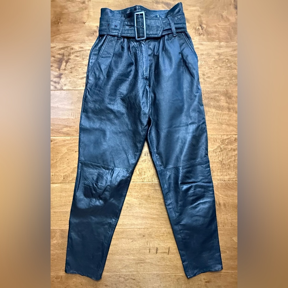 Vintage Black Leather High Rise Pleated Belted Tapered Pants 4